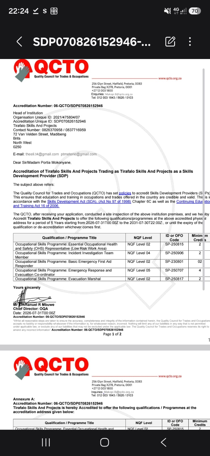 QCTO Accreditation Official Certificate